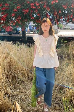 Retro High-Waisted Denim Pants with Lace Trim - Women's Wide-Leg Summer Trousers, Vintage Sea Heartbeat Embroidery