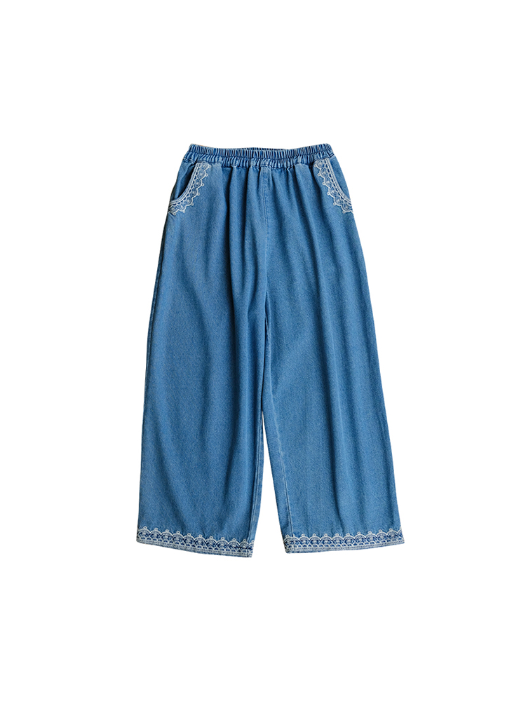 Retro High-Waisted Denim Pants with Lace Trim - Women's Wide-Leg Summer Trousers, Vintage Sea Heartbeat Embroidery Retro High-Waisted Denim Pants with Lace Trim - Women's Wide-Leg Summer Trousers, Vintage Sea Heartbeat Embroidery