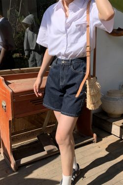 Retro High-Waisted Denim Shorts for Women - 2025 New Style Deep Blue Casual Wide-Leg Straight Leg Summer Fashion