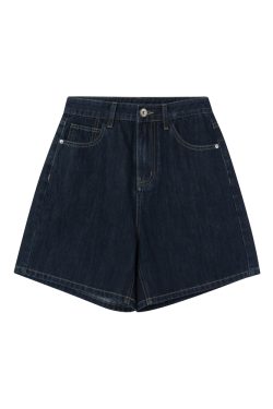 Retro High-Waisted Denim Shorts for Women - 2025 New Style Deep Blue Casual Wide-Leg Straight Leg Summer Fashion