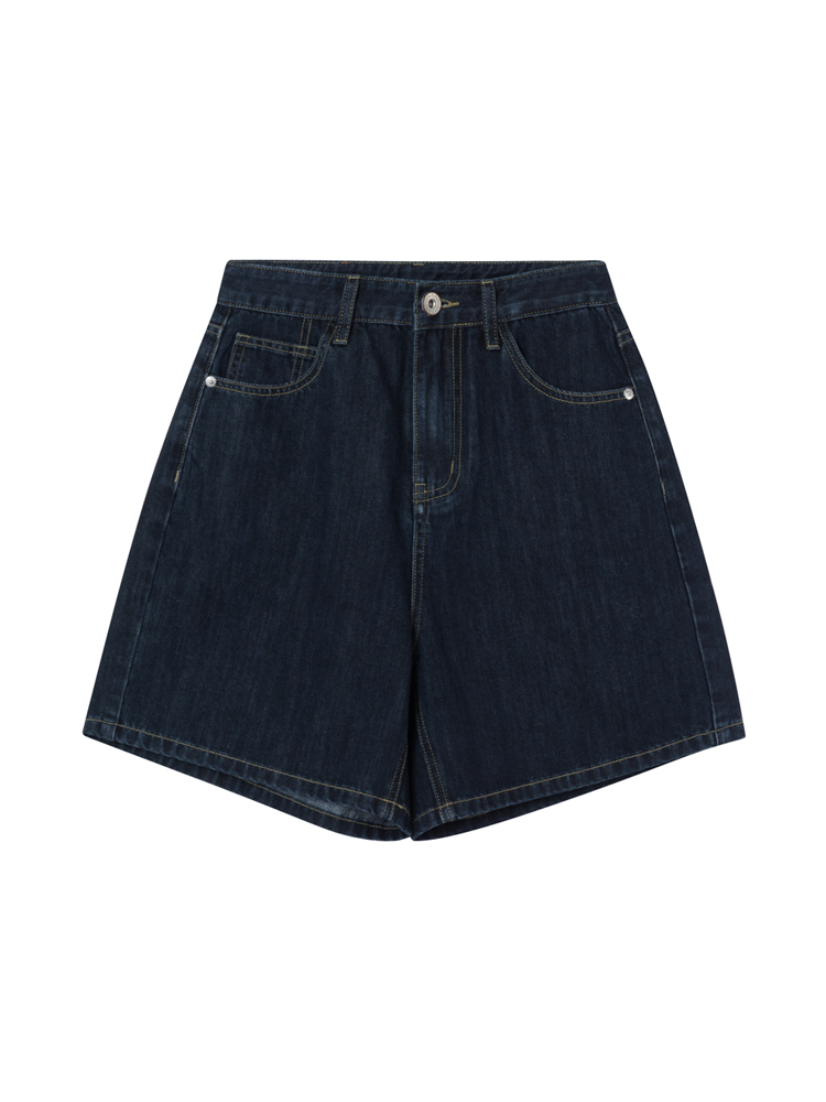 Retro High-Waisted Denim Shorts for Women - 2025 New Style Deep Blue Casual Wide-Leg Straight Leg Summer Fashion Retro High-Waisted Denim Shorts for Women - 2025 New Style Deep Blue Casual Wide-Leg Straight Leg Summer Fashion