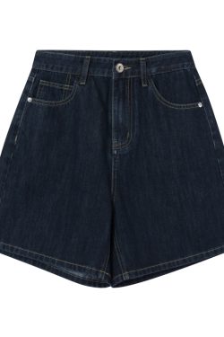 Retro High-Waisted Denim Shorts for Women - 2025 New Style Deep Blue Casual Wide-Leg Straight Leg Summer Fashion