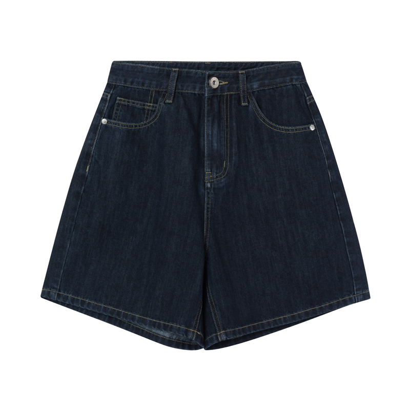 Retro High-Waisted Denim Shorts for Women - 2025 New Style Deep Blue Casual Wide-Leg Straight Leg Summer Fashion Retro High-Waisted Denim Shorts for Women - 2025 New Style Deep Blue Casual Wide-Leg Straight Leg Summer Fashion