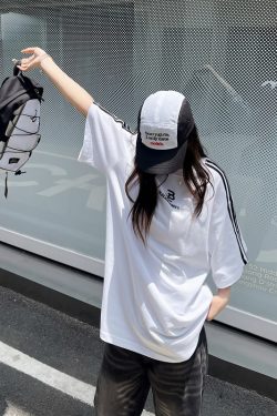 Retro Hip-Hop Color Block Spliced Short Sleeve T-Shirt for Couples - Unisex Casual Loose Fit Classic Tee