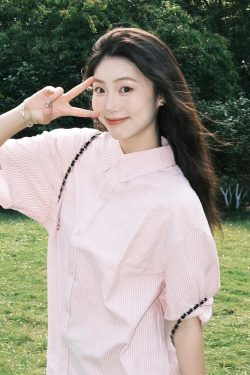 Retro Hong Kong Style Pink Striped Short Sleeve Shirt for Women - Casual Loose Fit Smiley Face Jacket Top for Summer