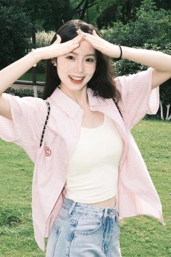 Retro Hong Kong Style Pink Striped Short Sleeve Shirt for Women - Casual Loose Fit Smiley Face Jacket Top for Summer