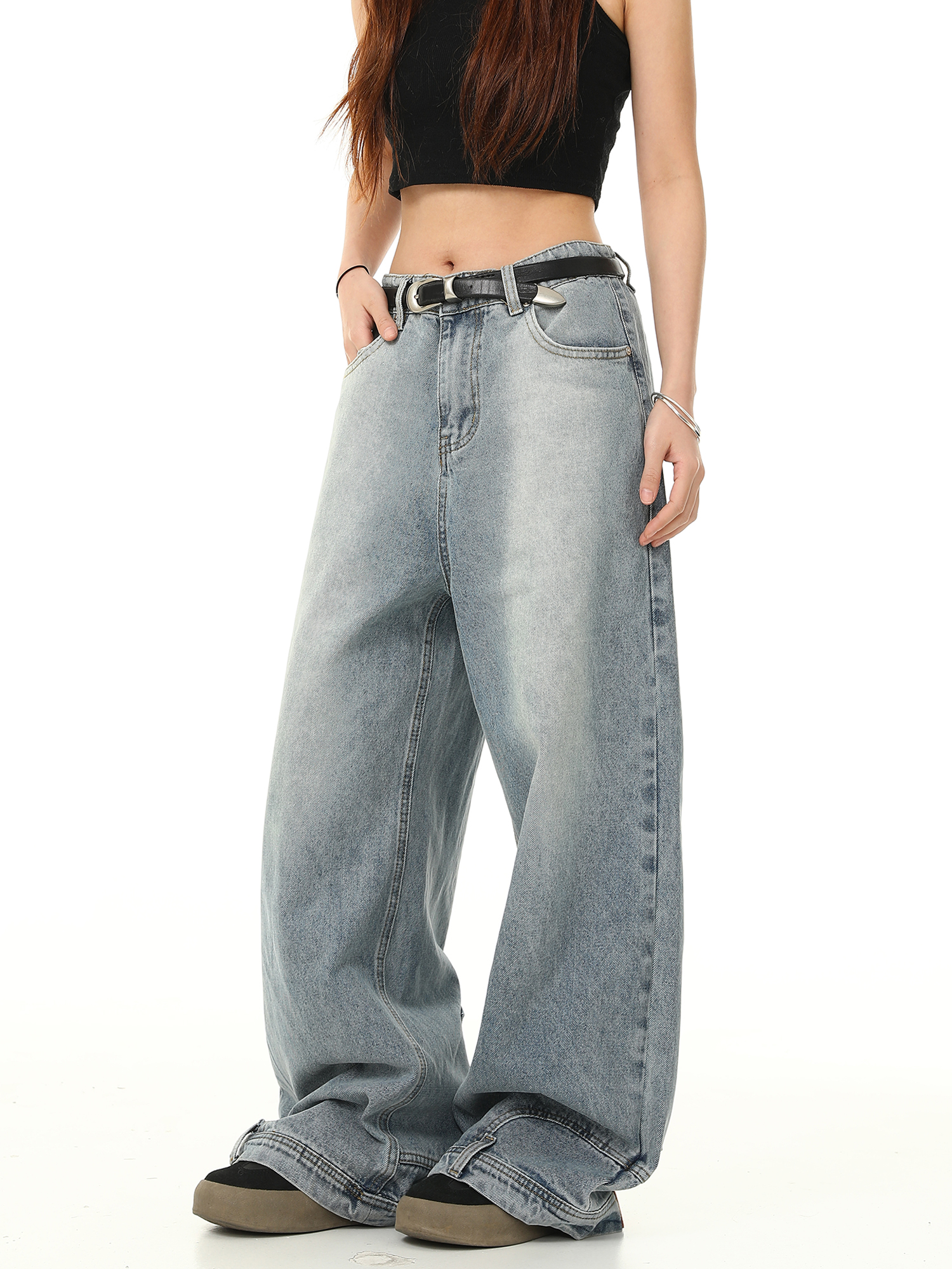 Retro Inverted Denim Pants for Men and Women - Washed Wide-Leg Loose Trousers, Vintage American Style, Trendy 90s Fashion Retro Inverted Denim Pants for Men and Women - Washed Wide-Leg Loose Trousers, Vintage American Style, Trendy 90s Fashion
