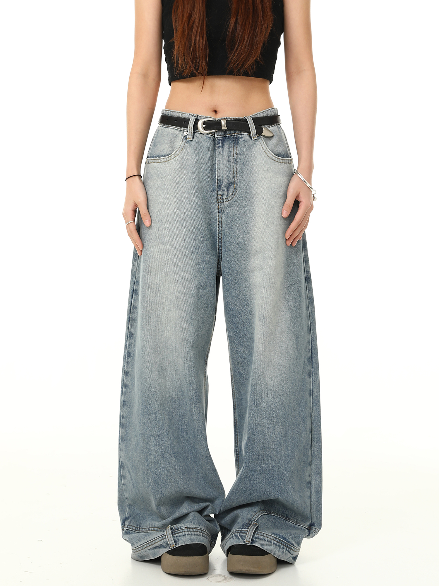 Retro Inverted Denim Pants for Men and Women - Washed Wide-Leg Loose Trousers, Vintage American Style, Trendy 90s Fashion Retro Inverted Denim Pants for Men and Women - Washed Wide-Leg Loose Trousers, Vintage American Style, Trendy 90s Fashion