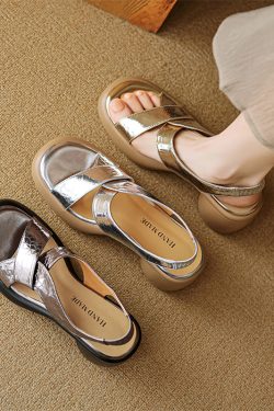 Retro Italian Open-Toe Thick-Soled Waterproof Platform High-Heeled Sandals in Gold and Silver - Genuine Leather Fashion Footwear