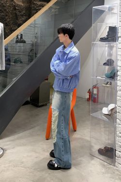 Retro Japanese-Style Blue Striped Shirt for Men - Autumn Loose Casual Shoulder-Padded Jacket, Trendy Y2K Fashion Essential