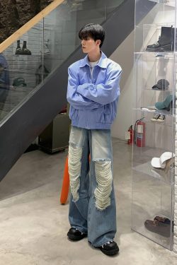 Retro Japanese-Style Blue Striped Shirt for Men - Autumn Loose Casual Shoulder-Padded Jacket, Trendy Y2K Fashion Essential