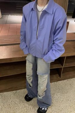 Retro Japanese-Style Blue Striped Shirt for Men - Autumn Loose Casual Shoulder-Padded Jacket, Trendy Y2K Fashion Essential