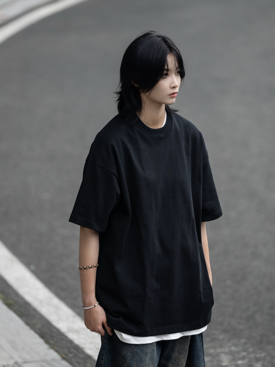 Retro Japanese Style Heavyweight 385g Cotton Short-Sleeve T-Shirt for Men - Versatile Loose Fit Tee Retro Japanese Style Heavyweight 385g Cotton Short-Sleeve T-Shirt for Men - Versatile Loose Fit Tee