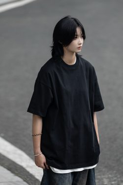 Retro Japanese Style Heavyweight 385g Cotton Short-Sleeve T-Shirt for Men - Versatile Loose Fit Tee