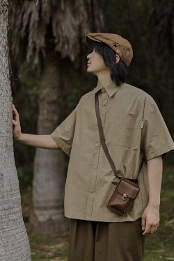 Retro Japanese-Style Short Sleeve Work Shirt for Men - Casual Layered Solid Color Half-Sleeve Shirt Jacket for Summer Trends