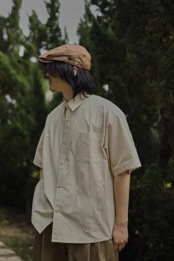 Retro Japanese-Style Short Sleeve Work Shirt for Men - Casual Layered Solid Color Half-Sleeve Shirt Jacket for Summer Trends