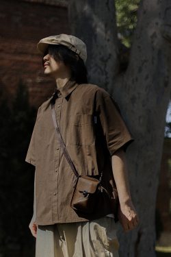 Retro Japanese-Style Short Sleeve Work Shirt for Men - Casual Layered Solid Color Half-Sleeve Shirt Jacket for Summer Trends