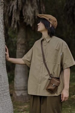 Retro Japanese-Style Short Sleeve Work Shirt for Men - Casual Layered Solid Color Half-Sleeve Shirt Jacket for Summer Trends