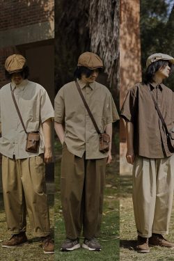 Retro Japanese-Style Short Sleeve Work Shirt for Men - Casual Layered Solid Color Half-Sleeve Shirt Jacket for Summer Trends