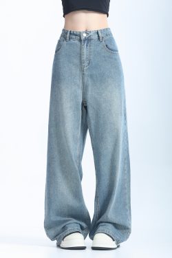 Retro Korean-Style Blue Wide-Leg Jeans for Women - Trendy Loose Straight Pants for Autumn Fashion