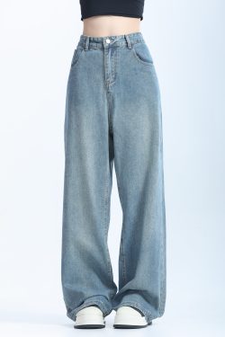 Retro Korean-Style Blue Wide-Leg Jeans for Women - Trendy Loose Straight Pants for Autumn Fashion