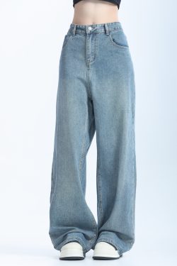 Retro Korean-Style Blue Wide-Leg Jeans for Women - Trendy Loose Straight Pants for Autumn Fashion