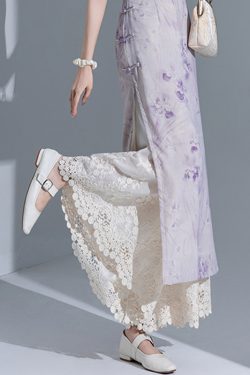 Retro Layered Qipao Wide-Leg Pants Skirt with Water-Soluble Lace Embroidery - Skin-Friendly Nine-Point Trousers for Women
