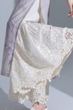 Retro Layered Qipao Wide-Leg Pants Skirt with Water-Soluble Lace Embroidery - Skin-Friendly Nine-Point Trousers for Women