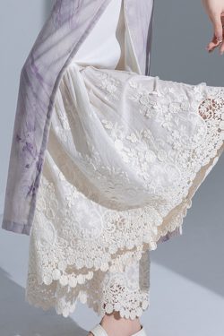 Retro Layered Qipao Wide-Leg Pants Skirt with Water-Soluble Lace Embroidery - Skin-Friendly Nine-Point Trousers for Women