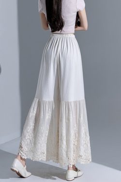 Retro Layered Qipao Wide-Leg Pants Skirt with Water-Soluble Lace Embroidery - Skin-Friendly Nine-Point Trousers for Women