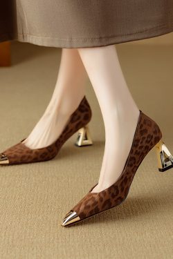 Retro Leopard Print Flats for Women - Shallow Mouth French Square Toe High Heels - Chic Y2K Style Footwear