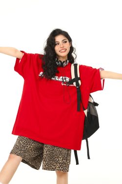 Retro Letter Print Short Sleeve T-Shirt for Men and Women - Trendy Loose Fit Red Tee for Summer - American Style