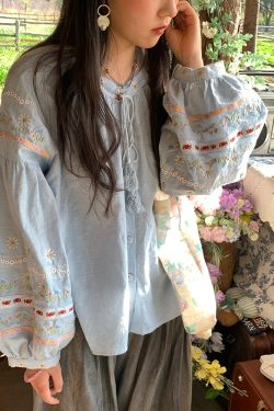 Retro Linen Cotton Long Sleeve Shirt for Women - Honey Daisy Embroidered Lantern Sleeve Top - Spring Vintage Floral Style