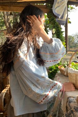 Retro Linen Cotton Long Sleeve Shirt for Women - Honey Daisy Embroidered Lantern Sleeve Top - Spring Vintage Floral Style