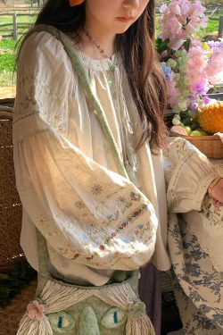 Retro Linen Cotton Long Sleeve Shirt for Women - Honey Daisy Embroidered Lantern Sleeve Top - Spring Vintage Floral Style