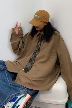 Retro Long Sleeve Shirt for Couples - Oversized Hong Kong Style Casual Top for Spring & Autumn, Korean Fashion Inspired