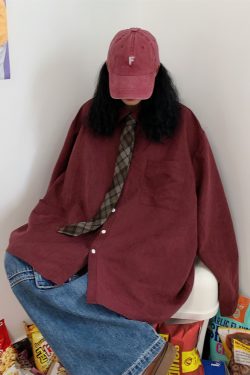 Retro Long Sleeve Shirt for Couples - Oversized Hong Kong Style Casual Top for Spring & Autumn, Korean Fashion Inspired