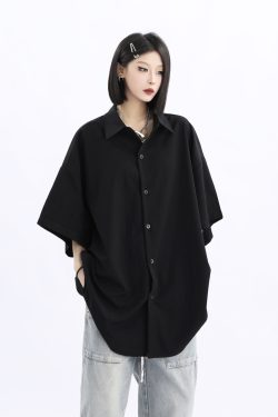 Retro Loose Draped Solid Color Short Sleeve Shirt for Women - Versatile American Style Couple Top