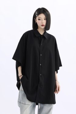 Retro Loose Draped Solid Color Short Sleeve Shirt for Women - Versatile American Style Couple Top