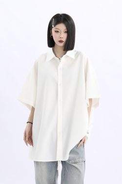 Retro Loose Draped Solid Color Short Sleeve Shirt for Women - Versatile American Style Couple Top