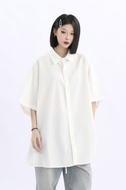 Retro Loose Draped Solid Color Short Sleeve Shirt for Women - Versatile American Style Couple Top