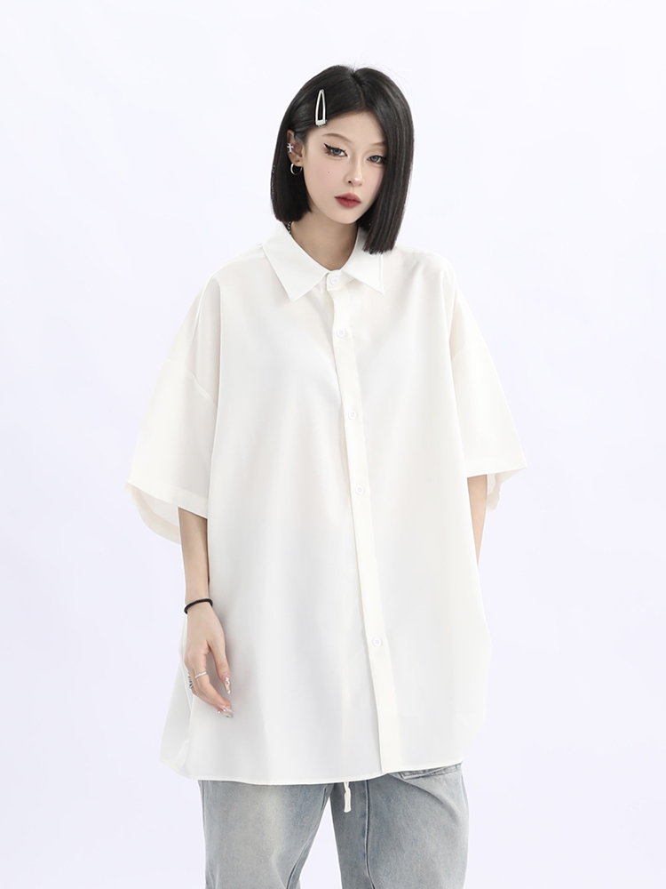 Retro Loose Draped Solid Color Short Sleeve Shirt for Women - Versatile American Style Couple Top Retro Loose Draped Solid Color Short Sleeve Shirt for Women - Versatile American Style Couple Top