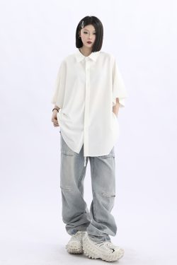 Retro Loose Draped Solid Color Short Sleeve Shirt for Women - Versatile American Style Couple Top