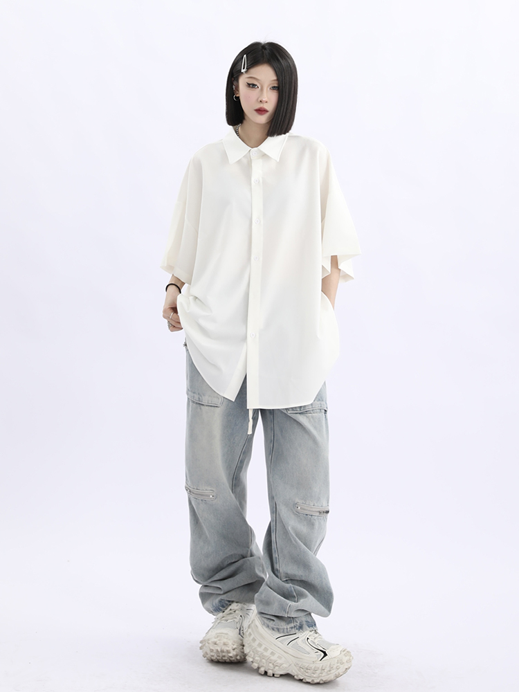 Retro Loose Draped Solid Color Short Sleeve Shirt for Women - Versatile American Style Couple Top Retro Loose Draped Solid Color Short Sleeve Shirt for Women - Versatile American Style Couple Top