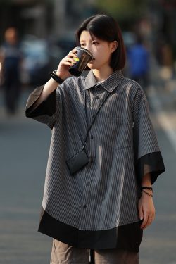 Retro Loose Short-Sleeve Men's Plaid Shirt - Two-Piece Splicing Japanese Style Summer Fashion