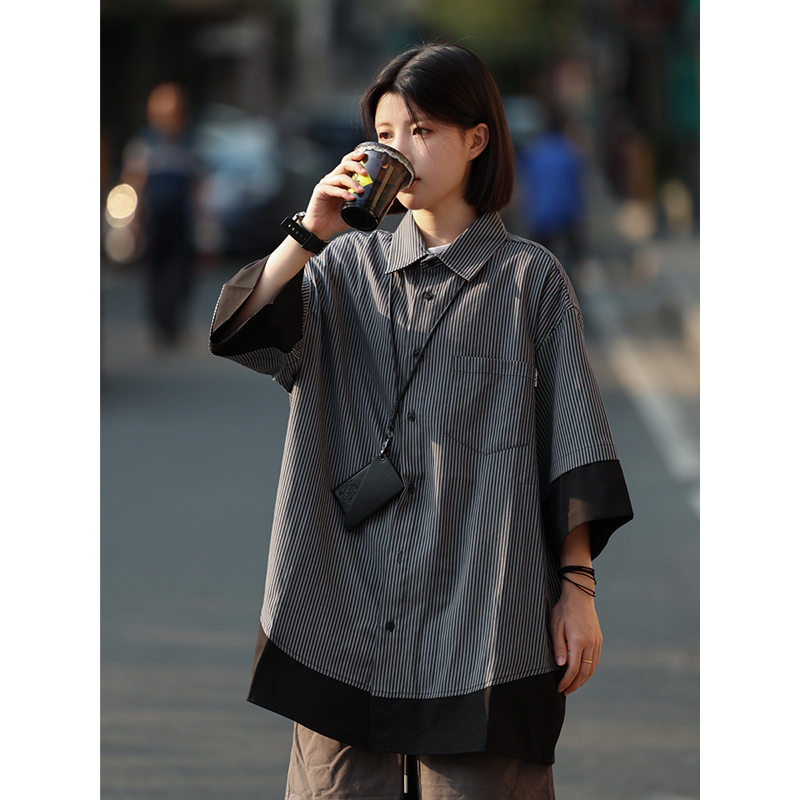 Retro Loose Short-Sleeve Men's Plaid Shirt - Two-Piece Splicing Japanese Style Summer Fashion Retro Loose Short-Sleeve Men's Plaid Shirt - Two-Piece Splicing Japanese Style Summer Fashion