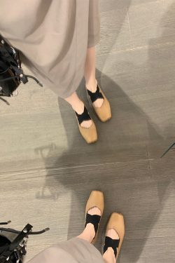 Retro Low-Heeled Ballet Shoes for Women, Cross Strap, Pig Nose, Square Toe, Shallow Mouth, Vintage Flat Shoes