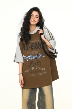 Retro Melange Spliced Short Sleeve T-Shirt for Couples - Unisex Letter Print Tee in 90s American Style