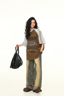 Retro Melange Spliced Short Sleeve T-Shirt for Couples - Unisex Letter Print Tee in 90s American Style