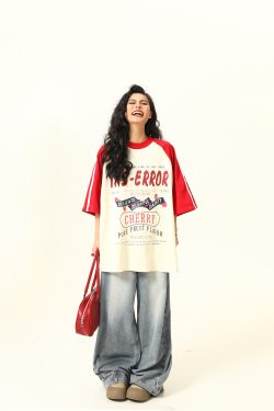 Retro Melange Spliced Short Sleeve T-Shirt for Couples - Unisex Letter Print Tee in 90s American Style